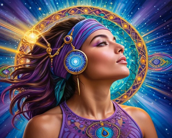 Woman with Purple Hair in Celestial Background