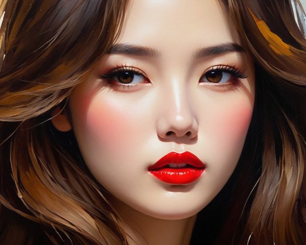Portrait of a woman with flowing brown hair and vibrant colors