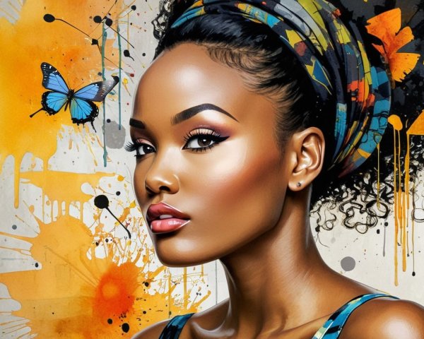 Portrait of a Woman with Colorful Headwrap and Butterfly