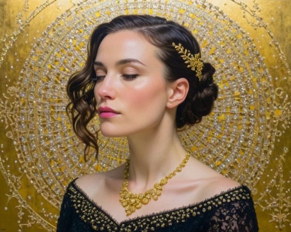 Elegant Woman in Black Gown with Golden Accents