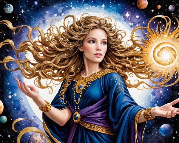 Celestial Figure in Blue Gown Amidst Galaxies