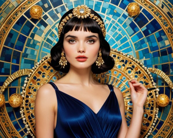Elegant woman in blue gown with jeweled headpiece