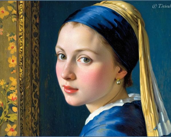 Young Woman in Blue Attire with Floral Frame