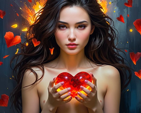 Woman with Long Hair Holding a Glowing Red Heart