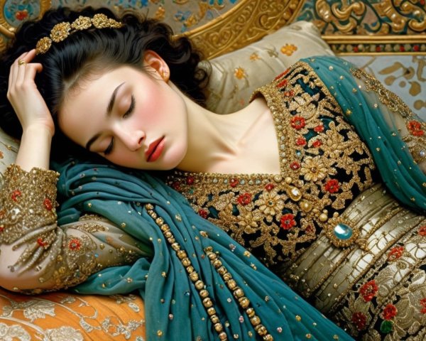 Sleeping Woman in Teal Dress with Gold Tiara