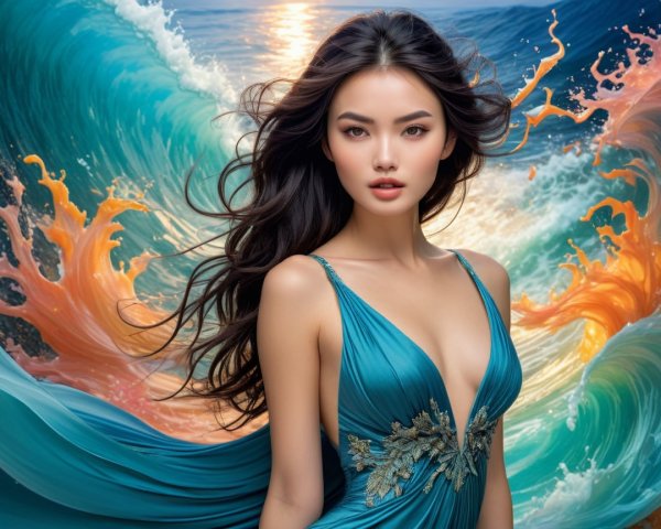 Elegant Woman in Turquoise Gown by Ocean Waves