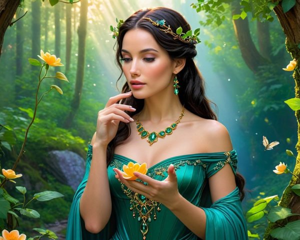 Serene Forest Scene with Woman in Emerald Gown