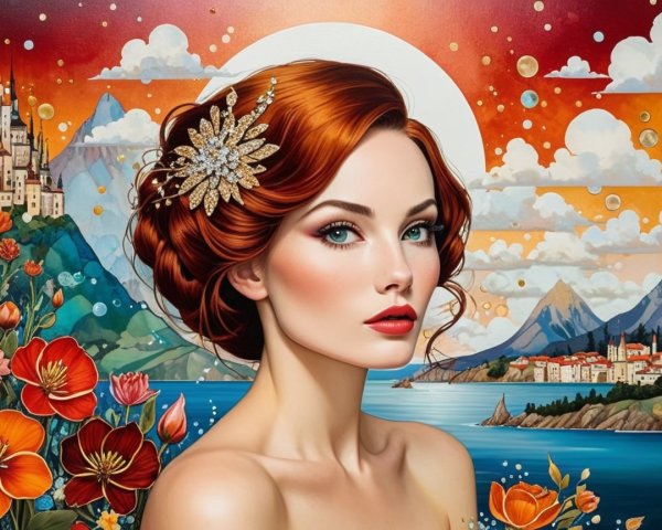 Elegant woman with red hair against vibrant sunset backdrop