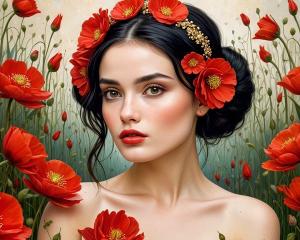 Portrait of a Young Woman Among Vibrant Red Poppies