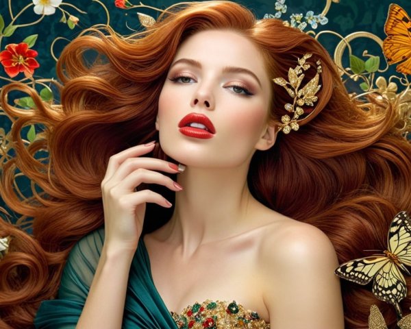 Close-up Portrait of a Woman with Auburn Hair and Makeup