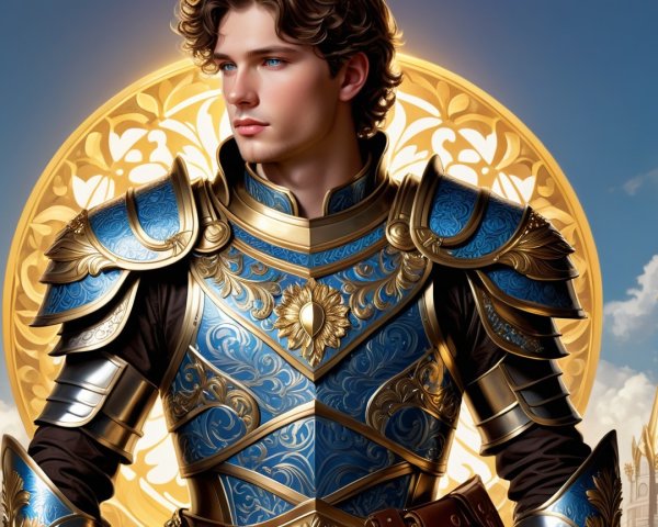 Male Character in Blue and Gold Armor with Filigree Background