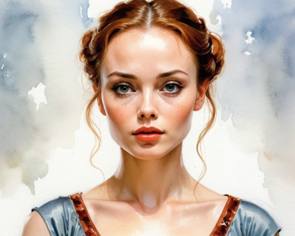 Portrait of a young woman with auburn hair and green eyes