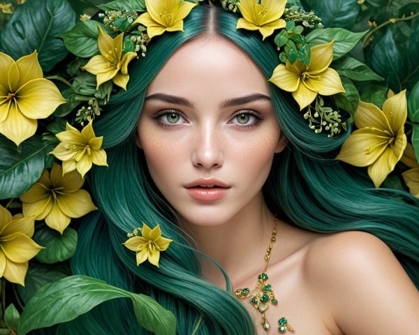 Close-Up of Young Woman with Green Hair and Flowers