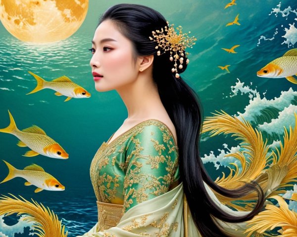 Serene woman in green gown with aquatic elements