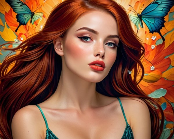 Portrait of a Woman with Red Hair and Floral Background