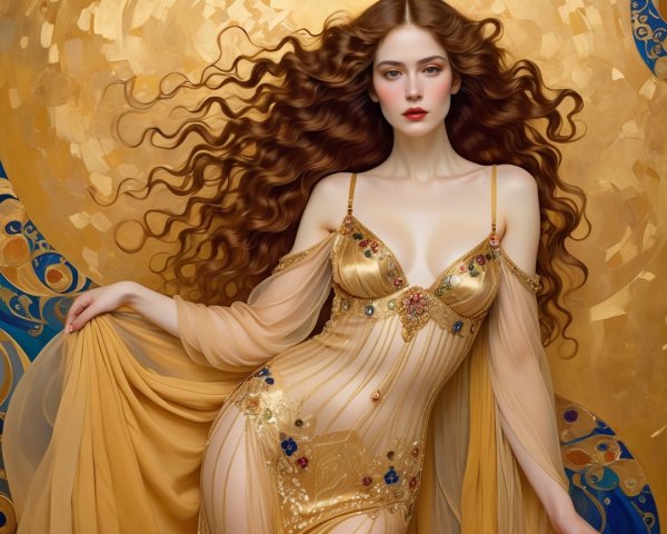 Elegant Woman in Golden Dress Against Ornate Background