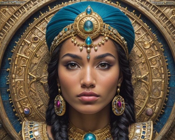 Portrait of a woman with turquoise headdress and jewelry