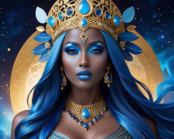 Woman with Golden Crown and Blue Gemstones in Space