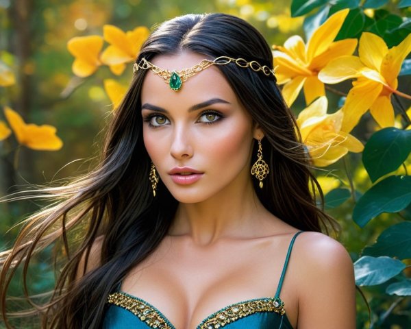 Young woman in blue outfit among yellow flowers