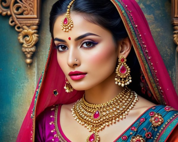 Traditional Attire with Intricate Jewelry and Veil