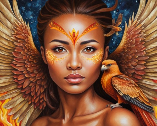 Ethereal Woman with Feathered Wings in Cosmic Scene