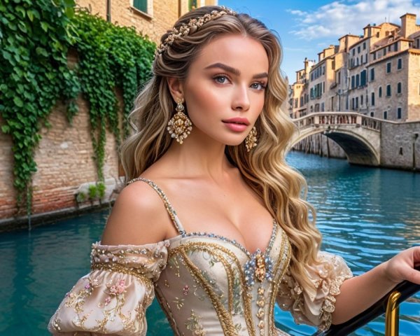 Young Woman in Elegant Gown by Serene Canal
