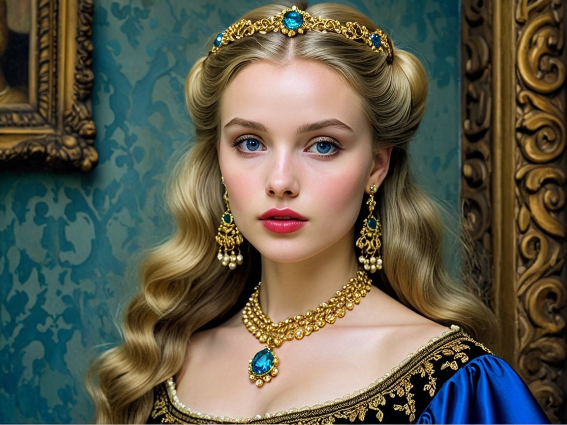 Elegant Young Woman in Dark Blue Dress and Tiara