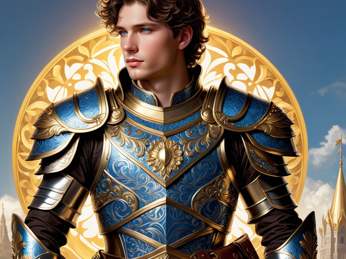 Male Character in Blue and Gold Armor with Filigree Background