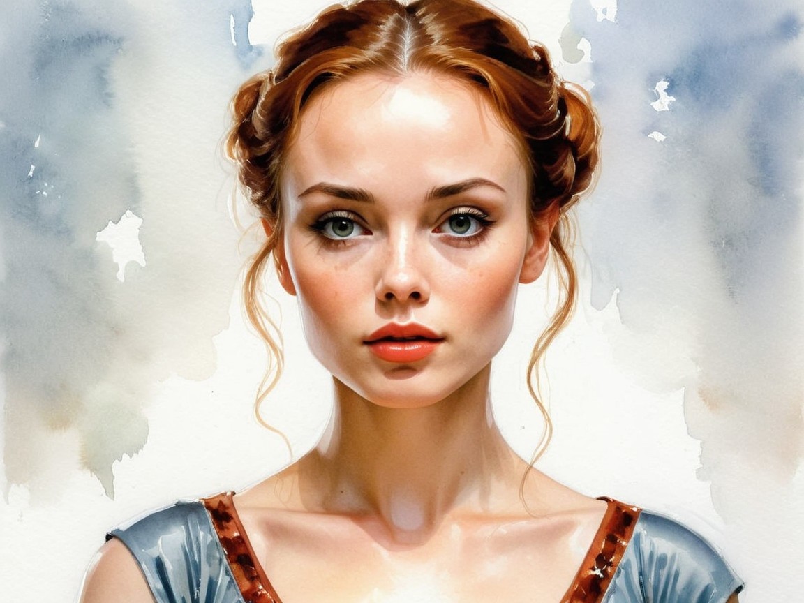 Portrait of a young woman with auburn hair and green eyes