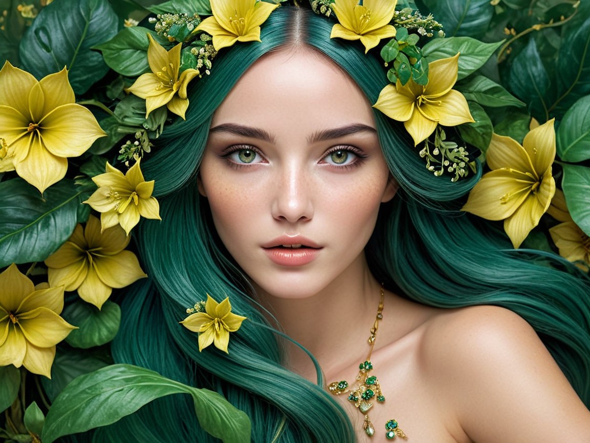 Close-Up of Young Woman with Green Hair and Flowers