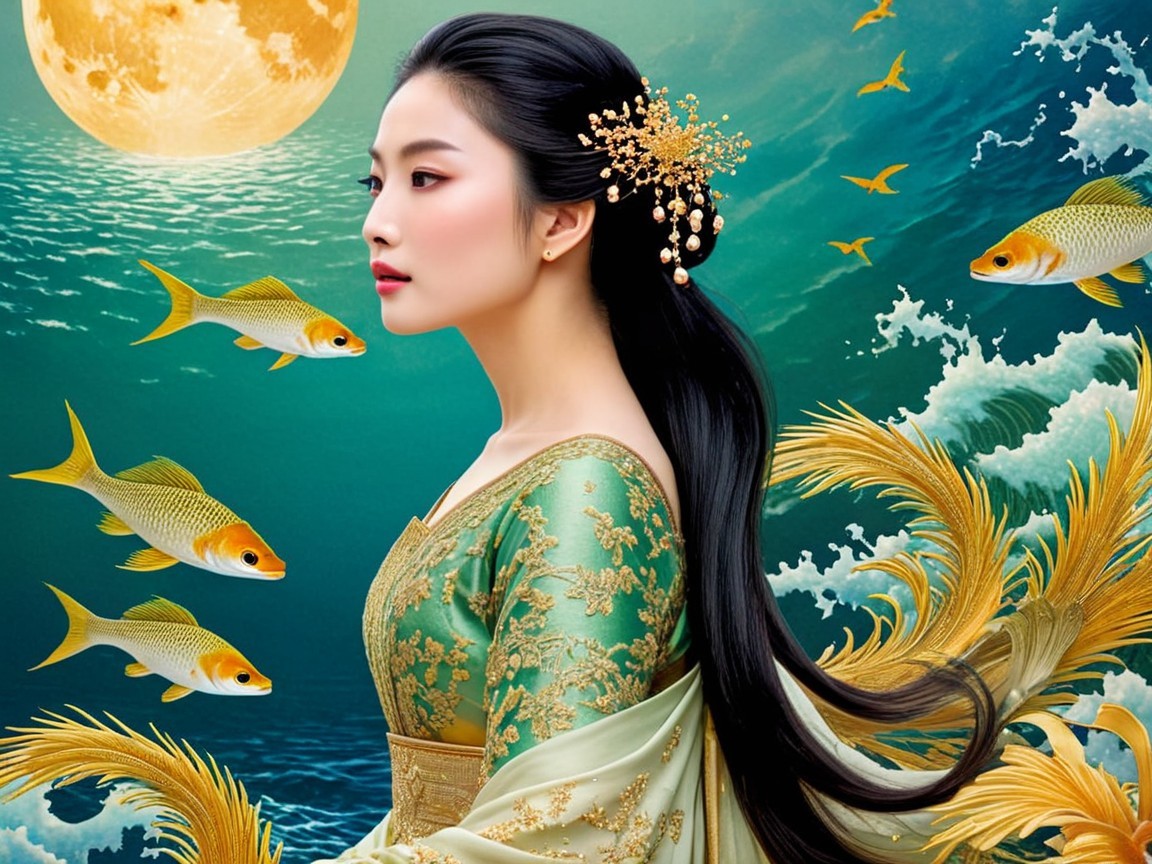 Serene woman in green gown with aquatic elements