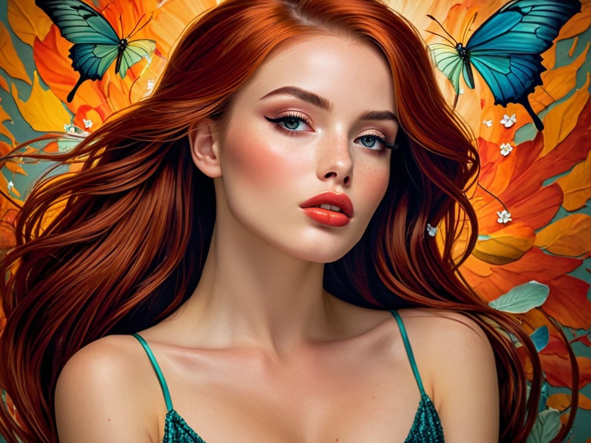 Portrait of a Woman with Red Hair and Floral Background