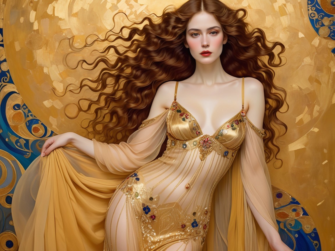 Elegant Woman in Golden Dress Against Ornate Background