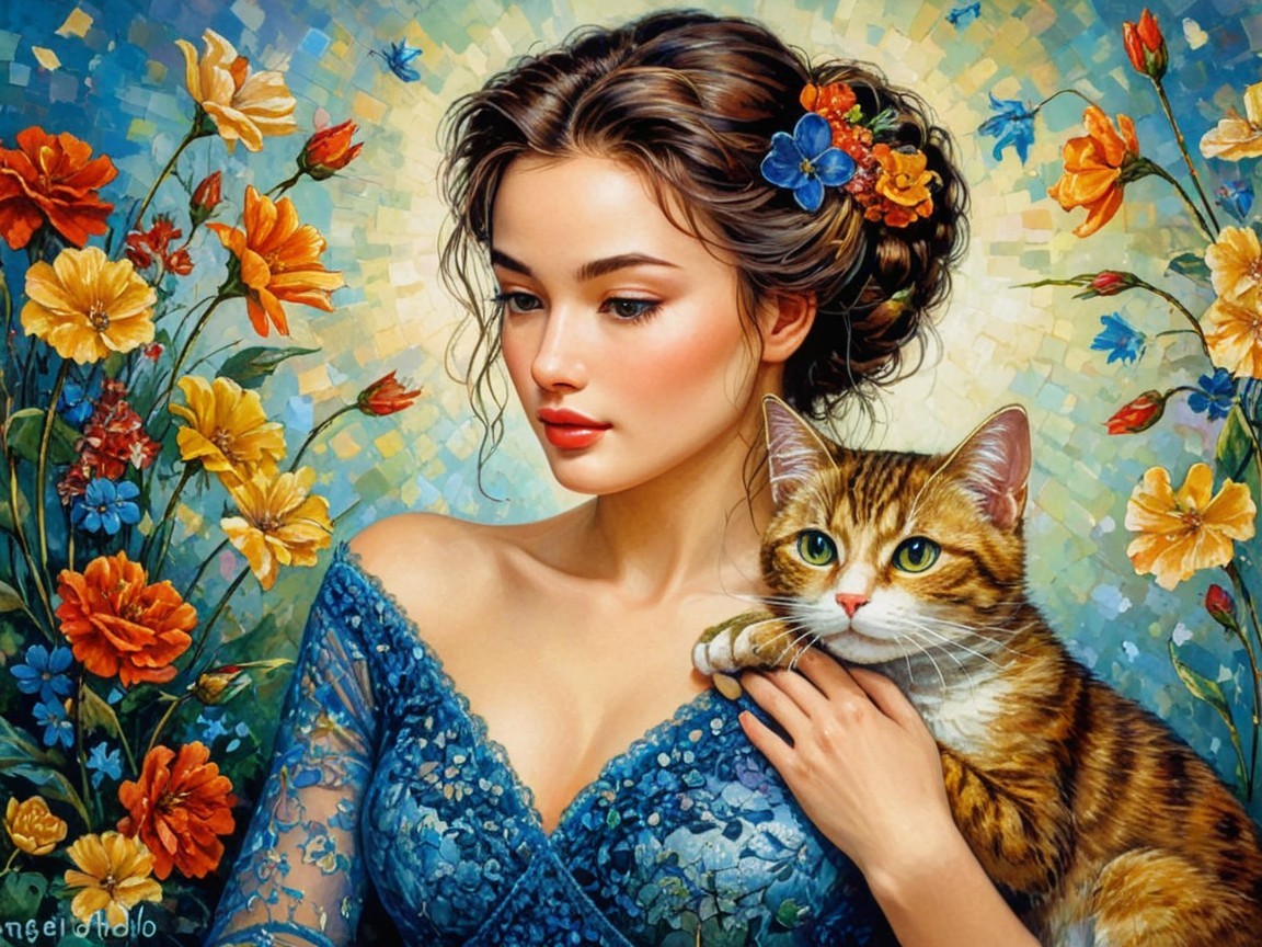 Young Woman in Blue Lace Gown with Tabby Cat