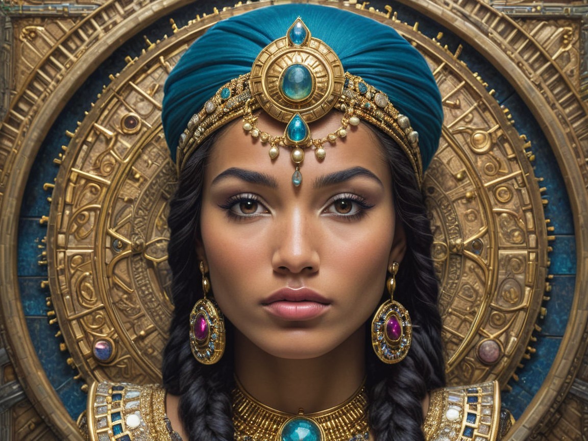 Portrait of a woman with turquoise headdress and jewelry