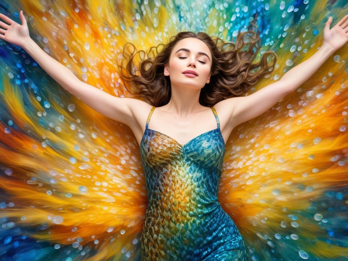 Woman in scale-patterned dress on vibrant background