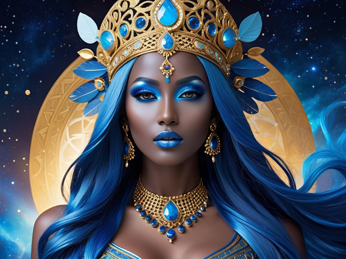Woman with Golden Crown and Blue Gemstones in Space