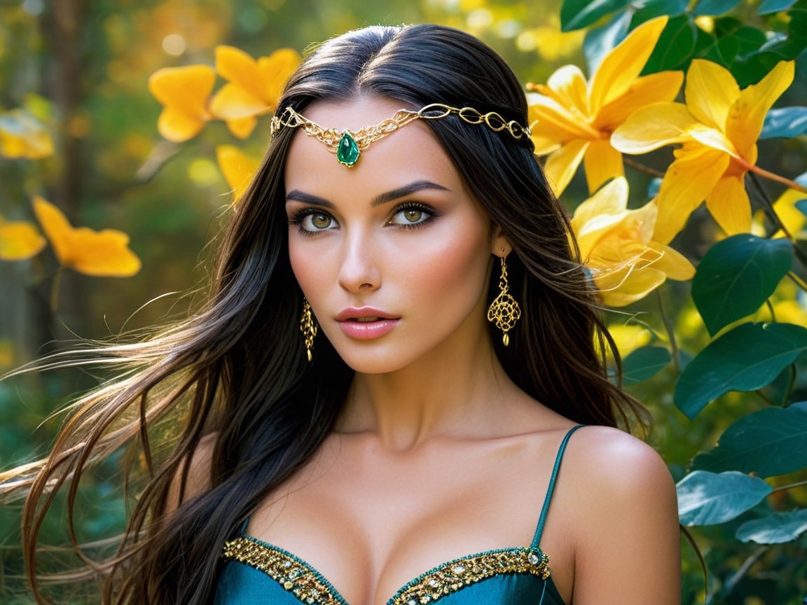 Young woman in blue outfit among yellow flowers