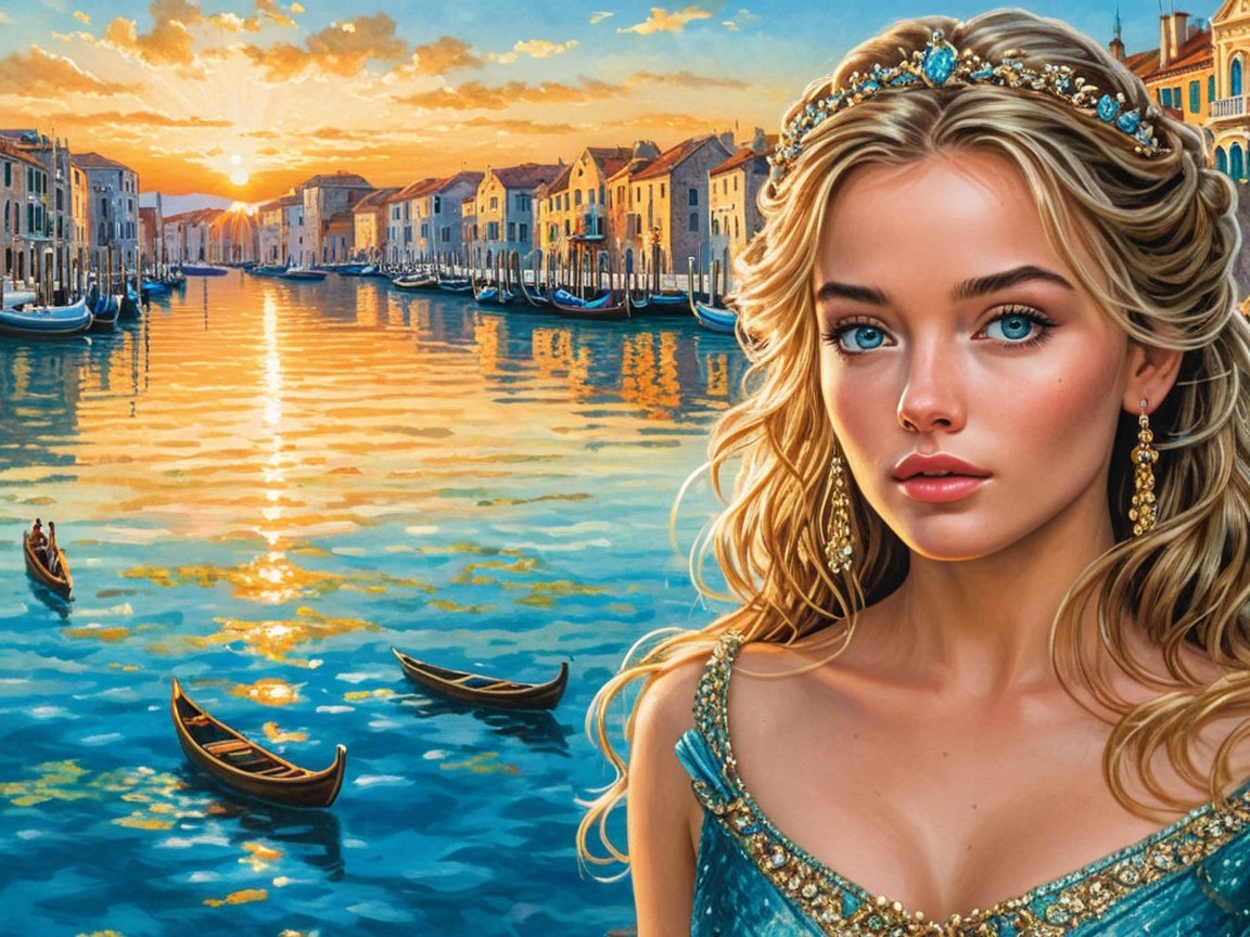 Young Woman by Canal at Sunset in Venice