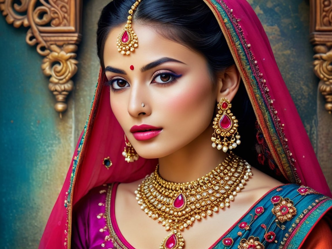 Traditional Attire with Intricate Jewelry and Veil