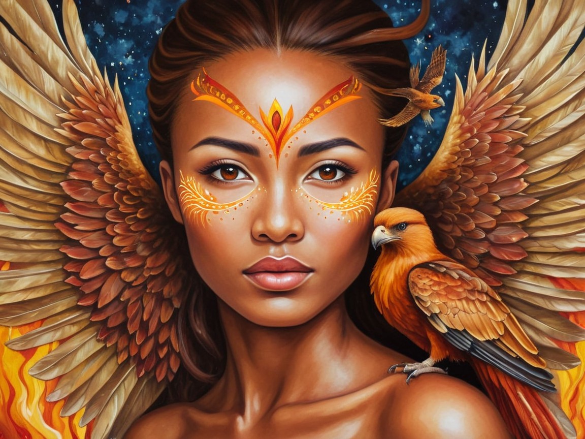 Ethereal Woman with Feathered Wings in Cosmic Scene