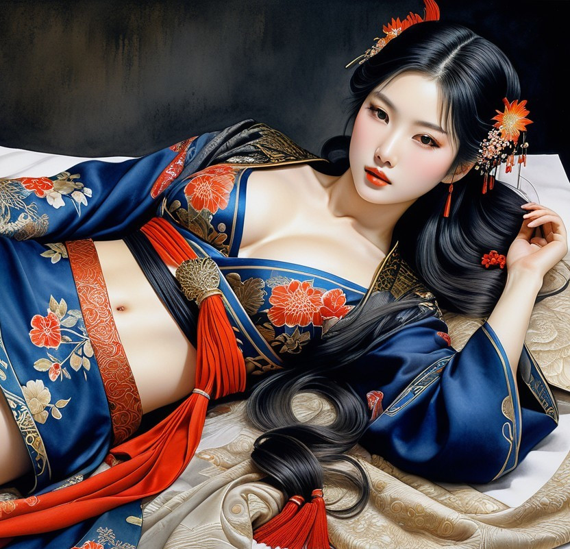 Traditional Kimono with Floral Patterns and Hairpins
