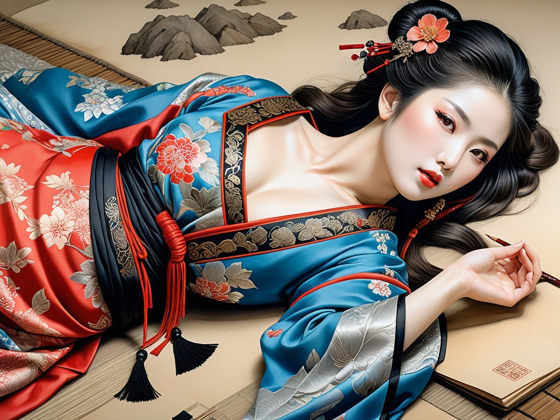 Japanese woman in floral kimono with styled hair