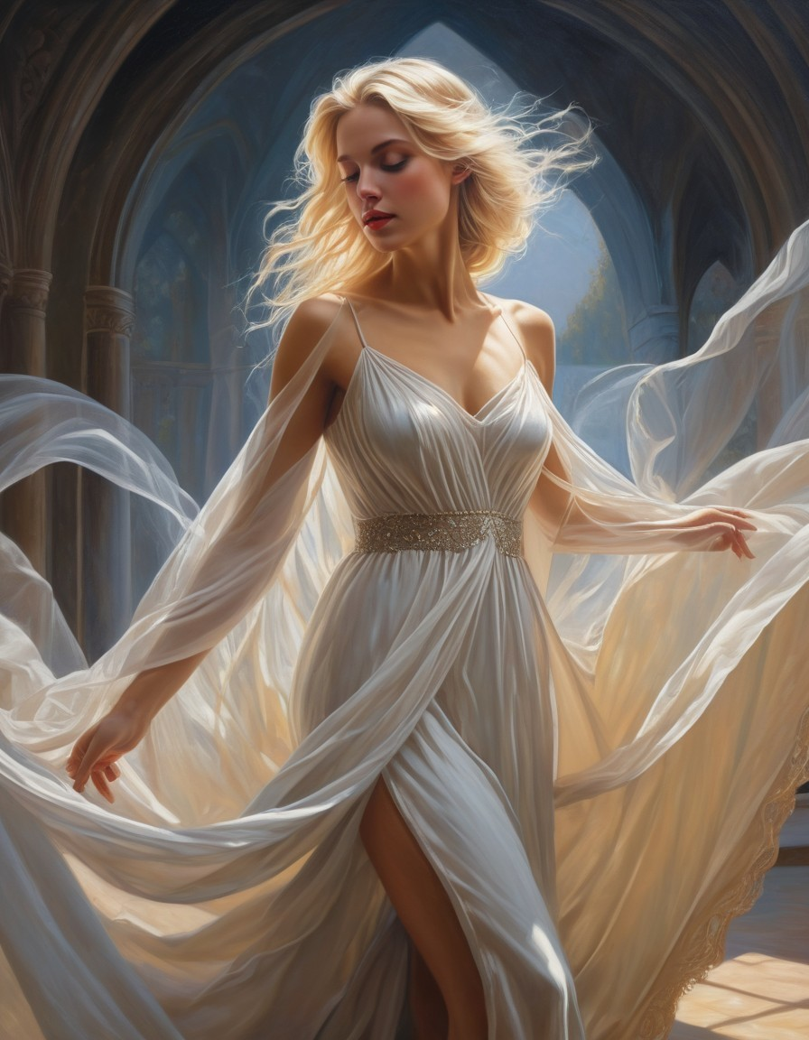Ethereal Figure in Flowing White Gown Under Golden Light
