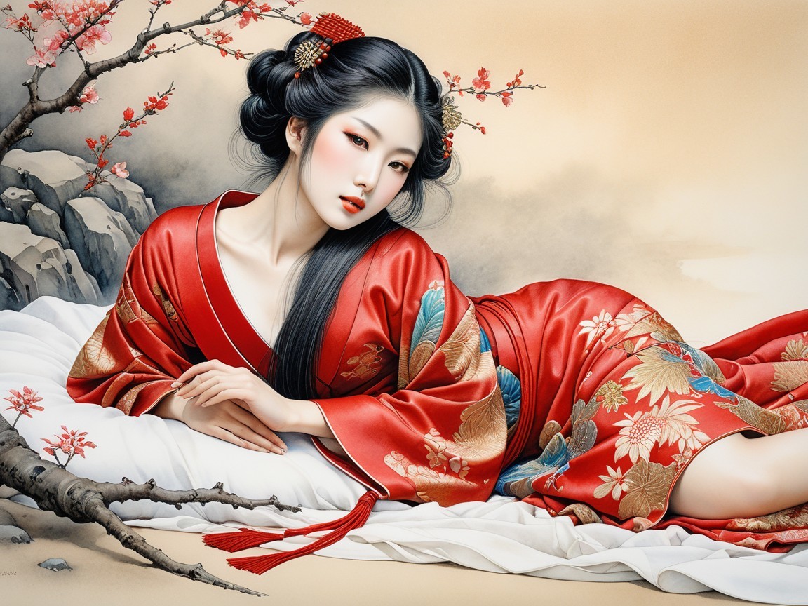 Elegant Woman in Red Kimono Surrounded by Cherry Blossoms