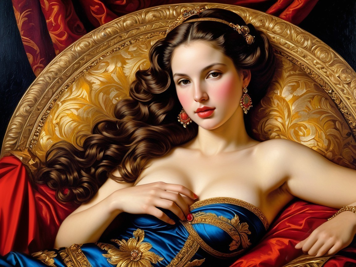 Elegant woman in ornate chair with luxurious gown