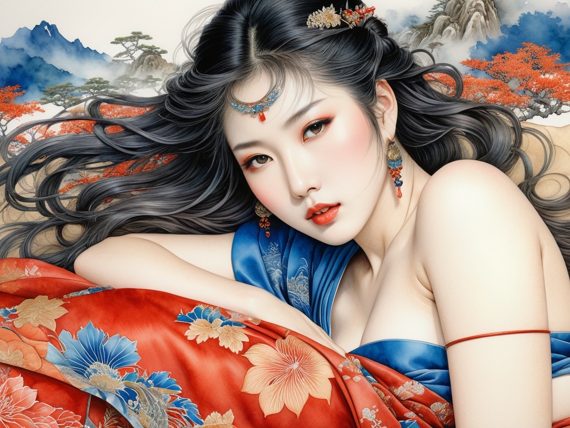 Elegant Woman in Vibrant Kimono Surrounded by Nature