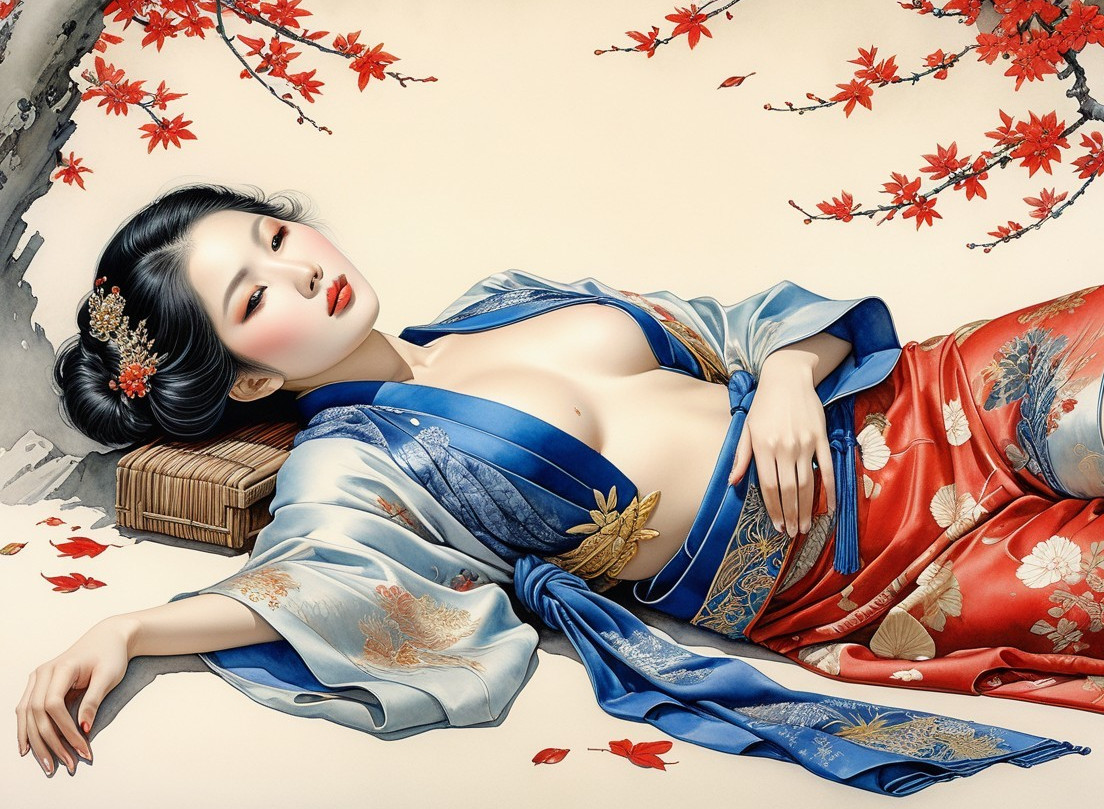 Woman in Kimono Surrounded by Maple Leaves