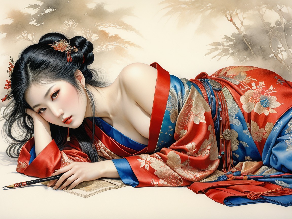 Young woman in traditional kimono with nature motifs