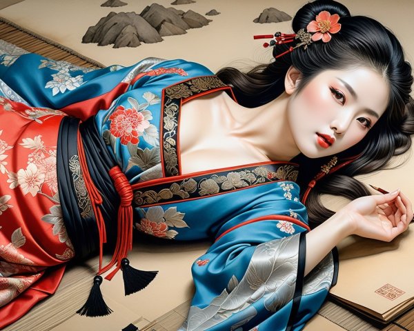 Japanese woman in floral kimono with styled hair